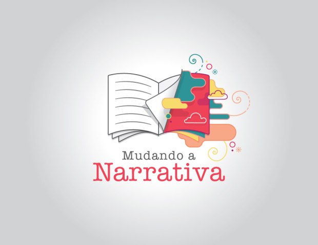 Marca criada para o projeto Mudando a Narrativa, um livro virando a página, revelando uma nova página colorida, com diversos elementos lúdicos.